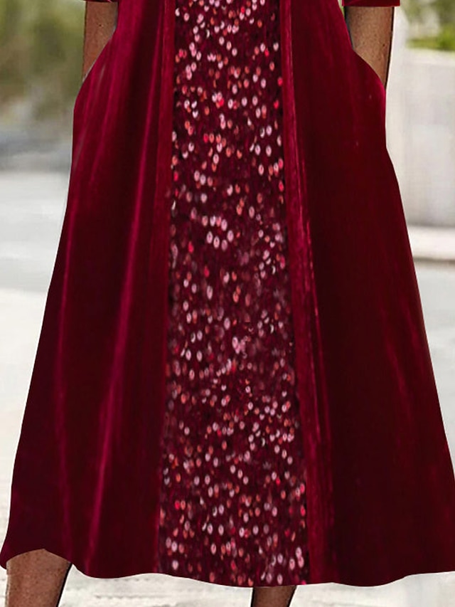 Women's Sequin Dress Velvet Dress Party Dress Sparkly Dress Christmas Midi Dress Wine Long Sleeve Sparkly Glitter Spring Fall Winter Crew Neck Fashion Winter Dress Wedding Guest