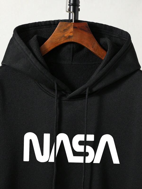 Men Plus Letter Graphic Kangaroo Pocket Drawstring Thermal Lined Hoodie