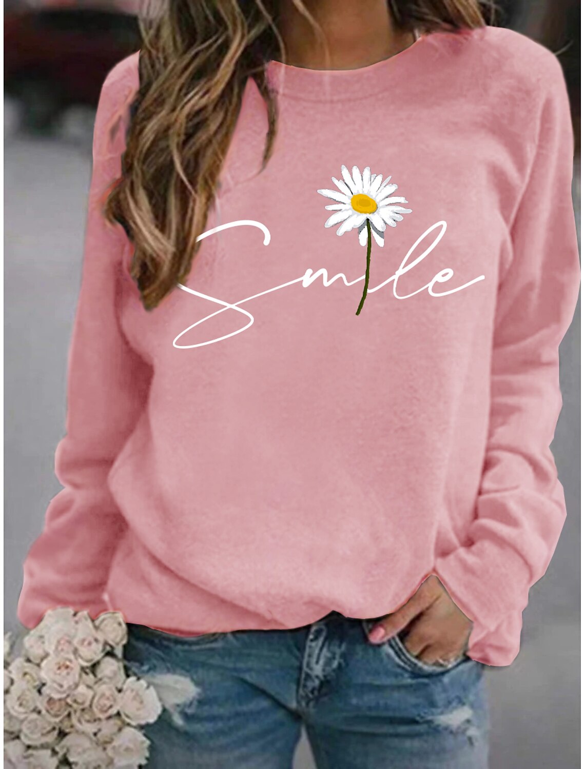 Women's Sweatshirt Pullover Cotton 100% Cotton Daisy Text Daily Sports Print
