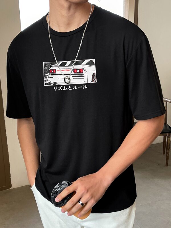 Men Japanese Letter & Car Print Tee