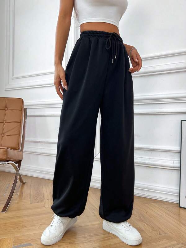 Solid Drawstring Waist Slant Pocket Sweatpants