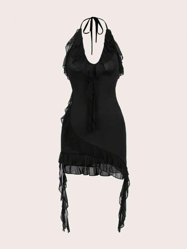 Solid Ruffle Trim Tie Backless Halter Dress