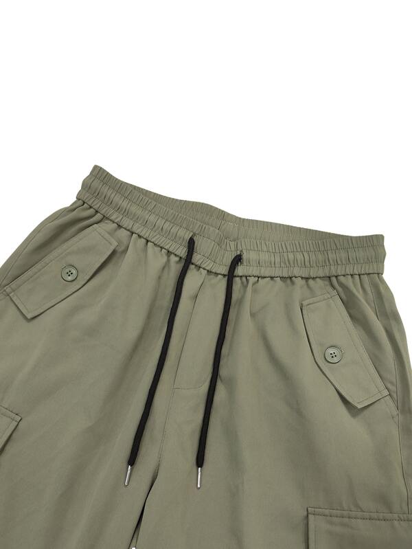 Men Flap Pocket Side Drawstring Waist Cargo Pants