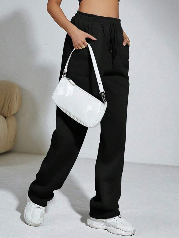 Solid Drawstring Waist Slant Pocket Sweatpants
