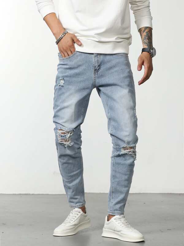 Men Cotton Slant Pocket Ripped Jeans