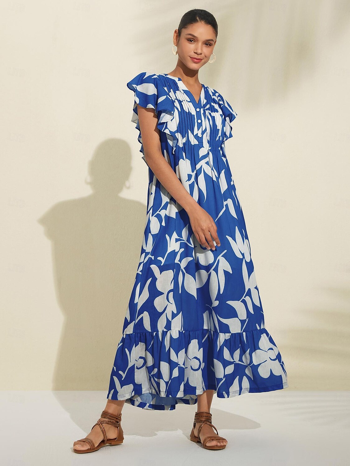 Casual Floral Pleated Maxi Dress