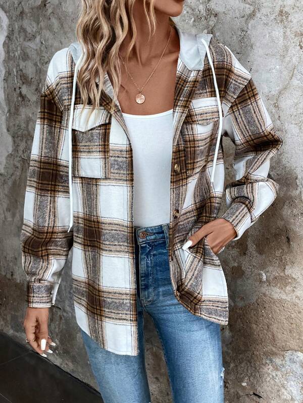 Plaid Print Drop Shoulder Drawstring Hooded Coat