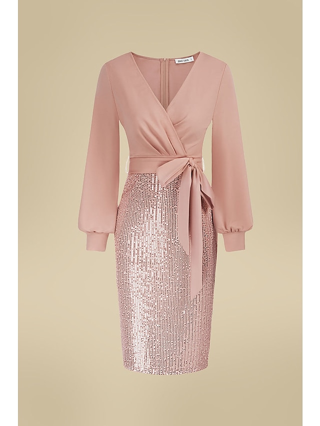 Women's Sequin Dress Party Dress Cocktail Dress Midi Dress Champagne Pink Wine Long Sleeve Pure Color Lace up Spring Fall Winter V Neck Fashion Winter Dress Christmas Wedding Guest 2023