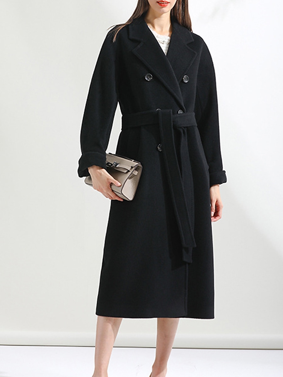 Women's Wool Blend Coat Winter Long Overcoat Double Breasted Notched Lapel Pea Coat Fall Windproof Warm Trench Coat Jacket with Pockets Oversized Fashion Daily Casual Street Outerwear Long Sleeve