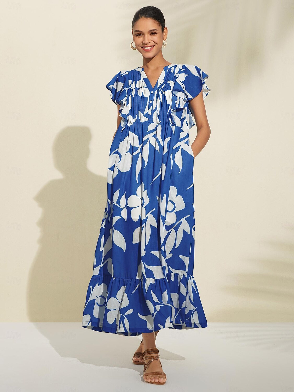 Casual Floral Pleated Maxi Dress