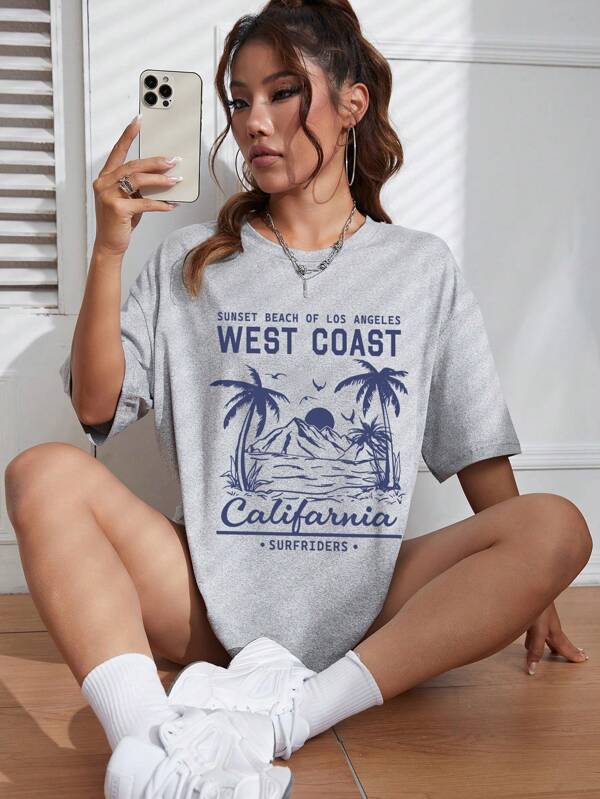 Tropical And Letter Graphic Drop Shoulder Tee