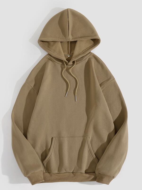 Solid Kangaroo Pocket Drawstring Thermal Hoodie