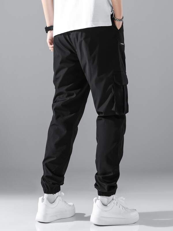 Men Flap Pocket Side Drawstring Waist Cargo Pants