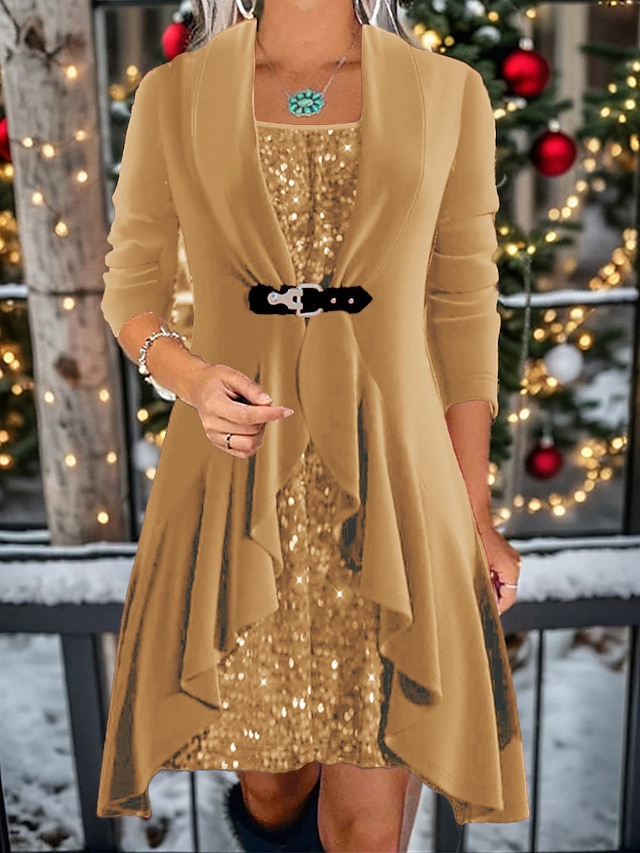 Women's Sequin Dress Velvet Dress Party Dress Sparkly Dress Green Mini Dress Wine Long Sleeve Fall Winter Autumn Crew Neck Fashion Winter Dress