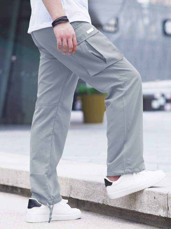 Men Patched Detail Flap Pocket Drawstring Waist Cargo Pants