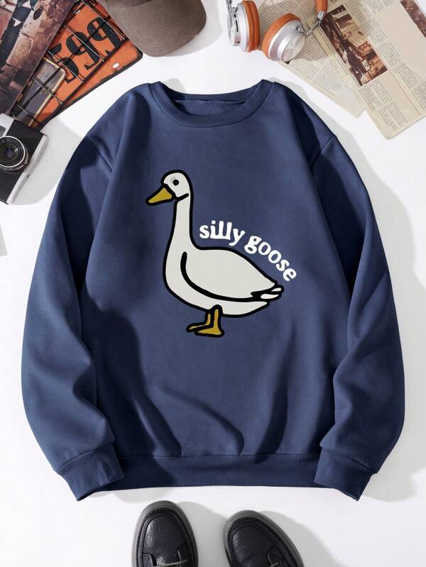 Men Cartoon Duck And Slogan Graphic Thermal Lined Sweatshirt