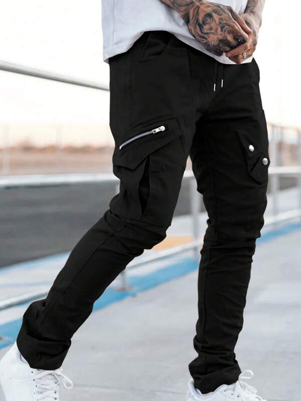 Men Flap Pocket Drawstring Waist Cargo Pants