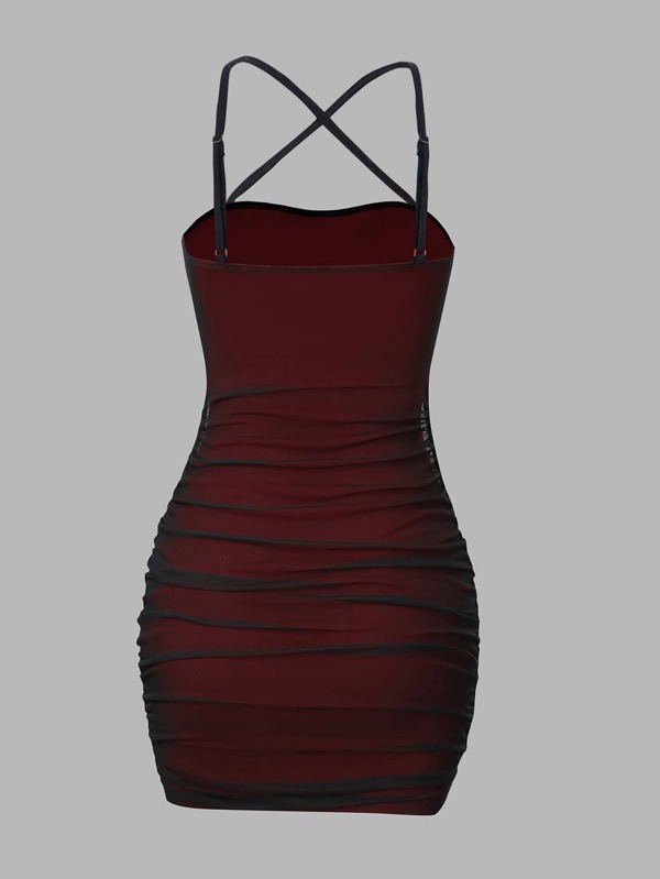 Contrast Mesh Crisscross Ruched Dress