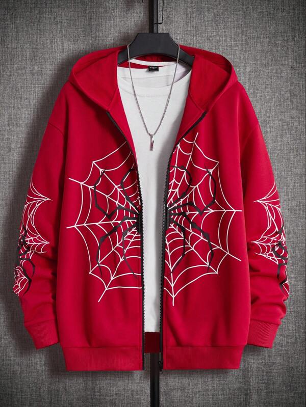 Men Spider Web Print Zip Up Hoodie Without Tee