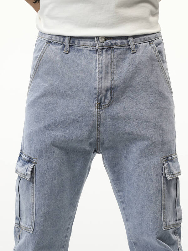 Men Cotton Flap Pocket Side Cargo Jeans