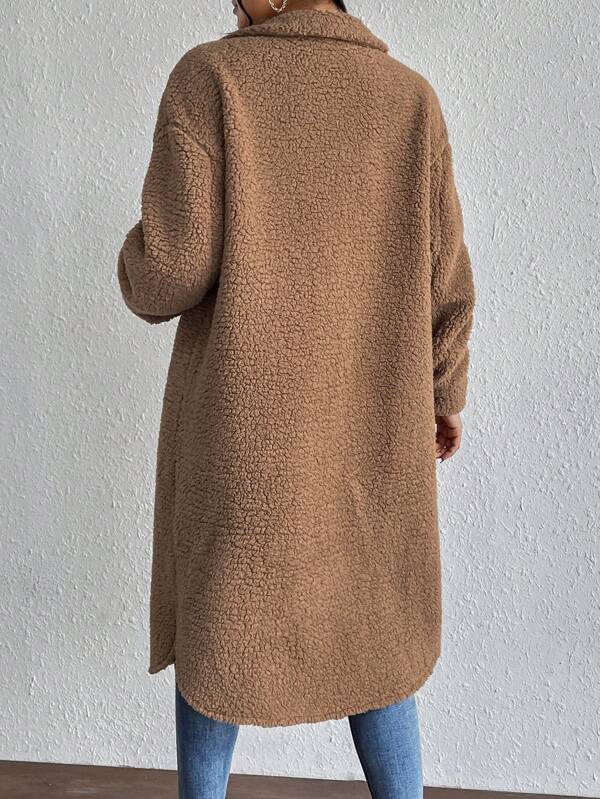 Drop Shoulder Flap Detail Teddy Coat