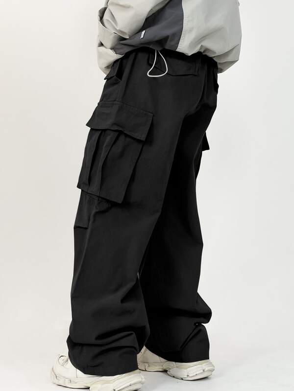 Men Flap Pocket Side Drawstring Waist Cargo Pants