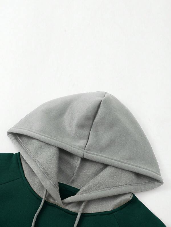 Men Colorblock Raglan Sleeve Drawstring Thermal Lined Hoodie