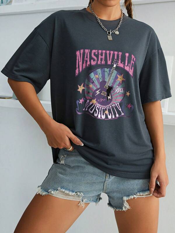 Guitar And Letter Graphic Drop Shoulder Tee