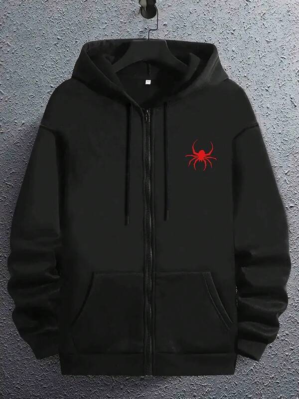 Men Spider Print Zip Up Thermal Lined Hoodie