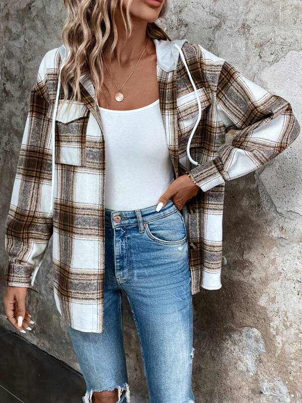 Plaid Print Drop Shoulder Drawstring Hooded Coat