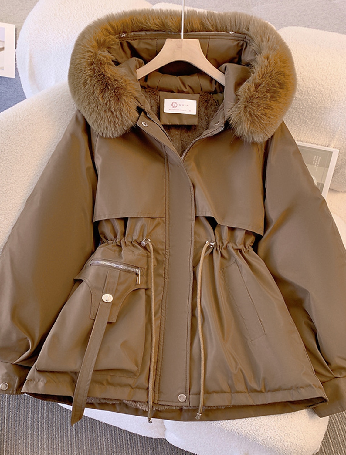 Women's Puffer Jacket Winter Fleece Parka with Collar Drawstring Zipper Coat Windproof Warm Hoodie Jacket with Pockets Fashion Street Outerwear Brown Black Khaki