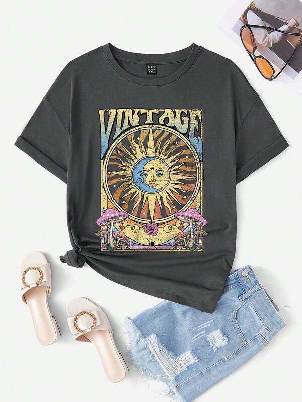 Sun & Letter Graphic Drop Shoulder Oversized Tee