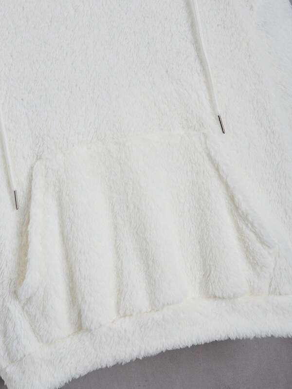 Kangaroo Pocket Drop Shoulder Drawstring Teddy Hoodie