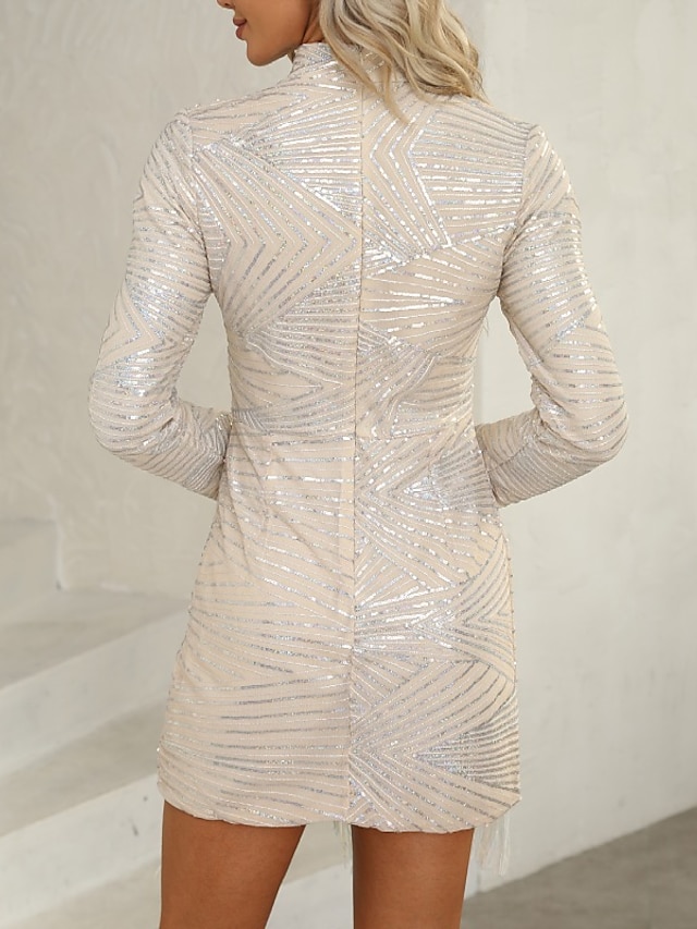 Women's Sequin Dress Fringe Dress Party Dress Sparkly Dress Sheath Dress Mini Dress Silver Long Sleeve Tassel Fall Winter High Neck Sexy Winter Dress Fall Dress Slim
