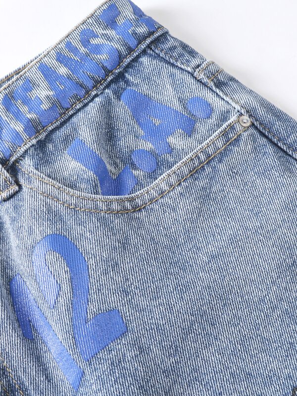 Men Cotton Slogan Graphic Ripped Straight Leg Jeans