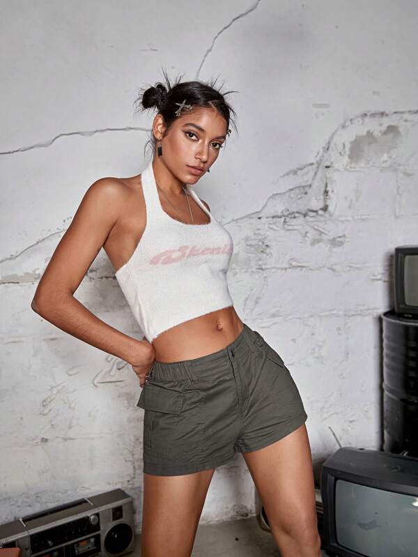 Elastic Waist Flap Pocket Side Cargo Shorts