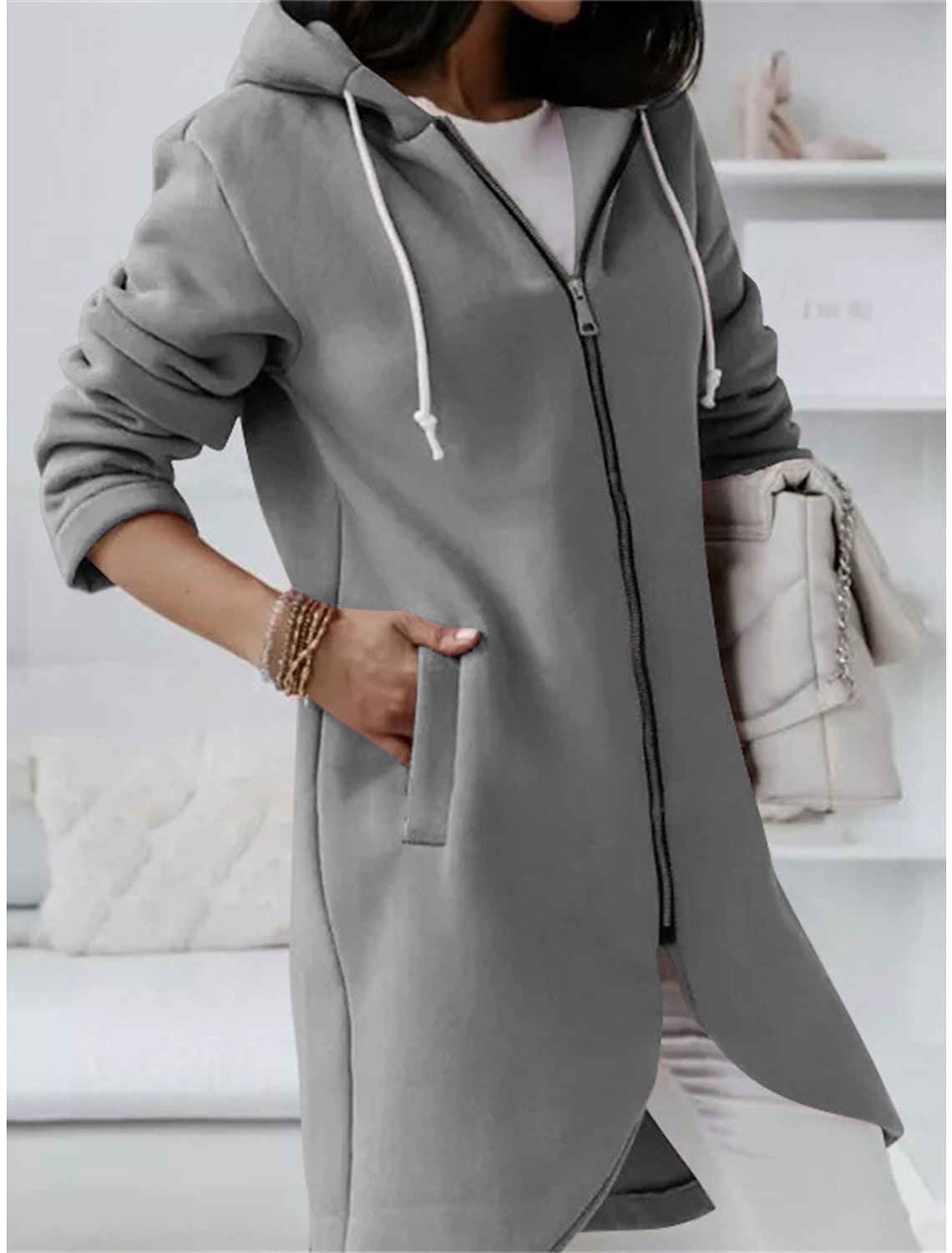 Women's Hoodie Jacket Fall Long Coat Windproof Warm Overcoat with Pocket Zipper Sport Drawstring Casual Minimalism Outerwear Long Sleeve