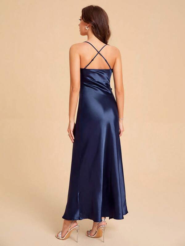 Belle Split Thigh Crisscross Backless Cowl Neck Cami Dress