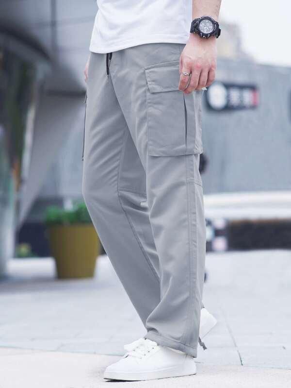 Men Patched Detail Flap Pocket Drawstring Waist Cargo Pants