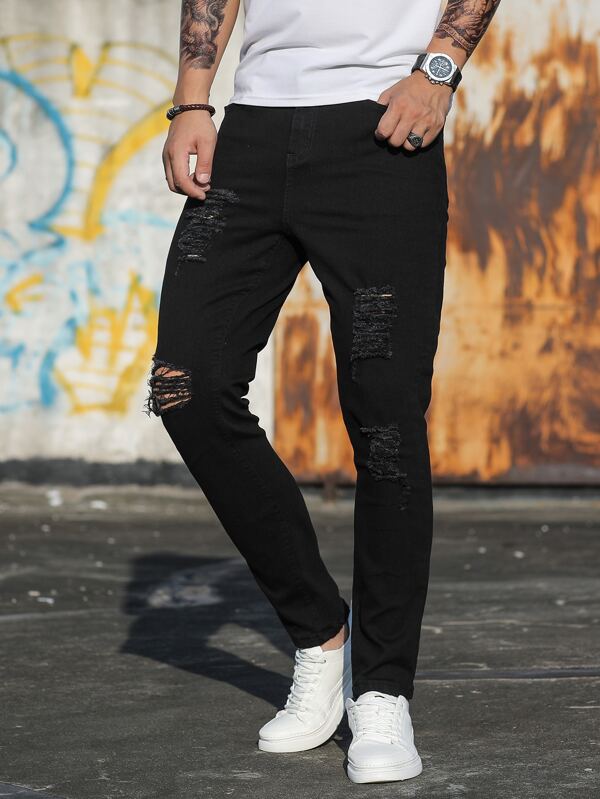 Men Cotton Ripped Frayed Skinny Jeans