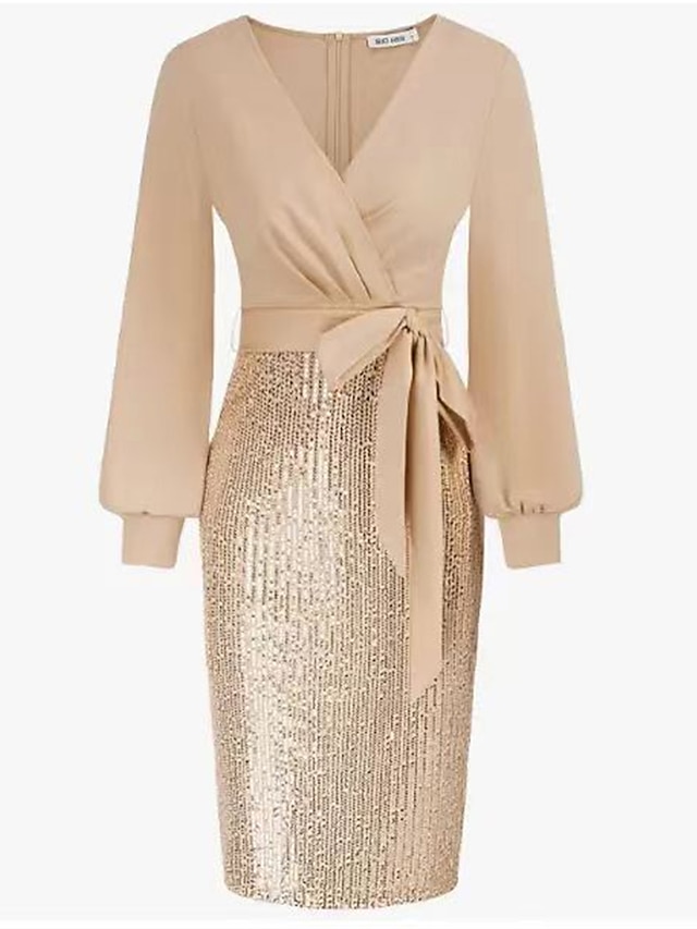 Women's Sequin Dress Party Dress Cocktail Dress Midi Dress Champagne Pink Wine Long Sleeve Pure Color Lace up Spring Fall Winter V Neck Fashion Winter Dress Christmas Wedding Guest 2023