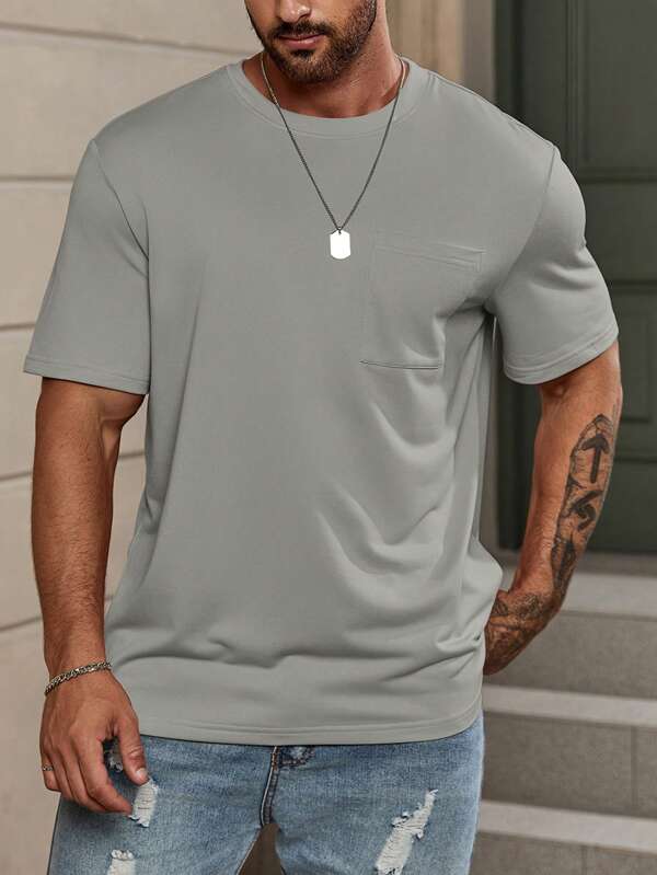 Men Solid Pocket Patched Tee