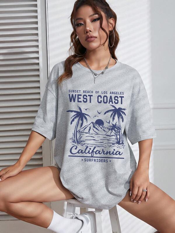 Tropical And Letter Graphic Drop Shoulder Tee