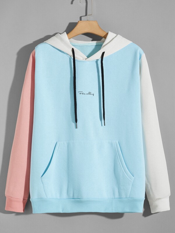 Men Colorblock Letter Graphic Kangaroo Pocket Drawstring Hoodie