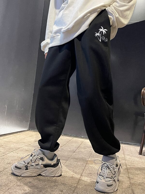 Men Tropical Print Drawstring Waist Sweatpants