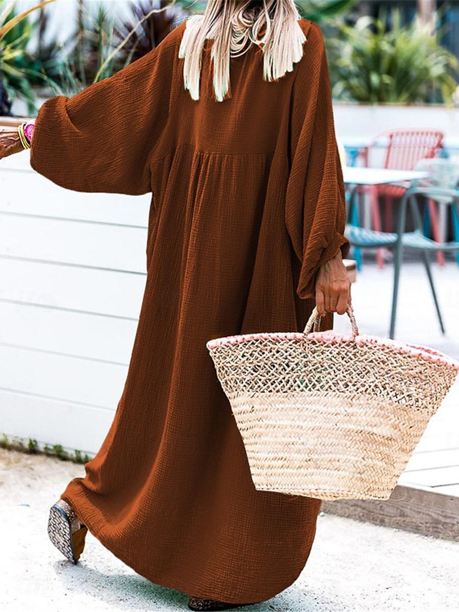 Red Share   Women's Casual Dress Plain Dress Spring Dress Long Dress Maxi Dress Patchwork Vacation Bohemia Streetwear V Neck Long Sleeve Black Red Coffee Color