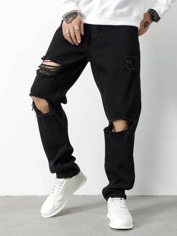 Men Cotton Ripped Straight Leg Jeans