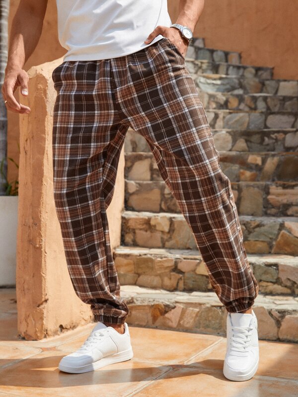 Men Cotton Plaid Print Drawstring Waist Pants