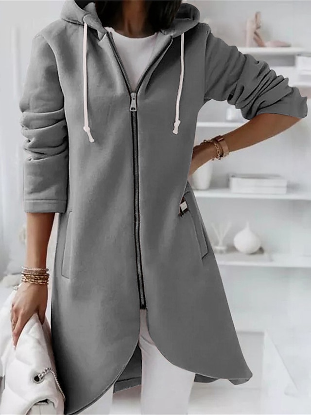 Women's Hoodie Jacket Fall Long Coat Windproof Warm Overcoat with Pocket Zipper Sport Drawstring Casual Minimalism Outerwear Long Sleeve