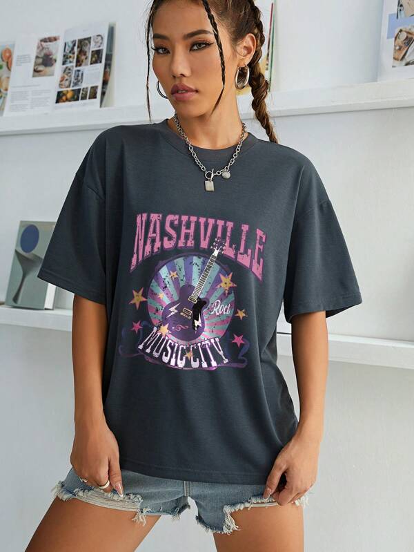 Guitar And Letter Graphic Drop Shoulder Tee